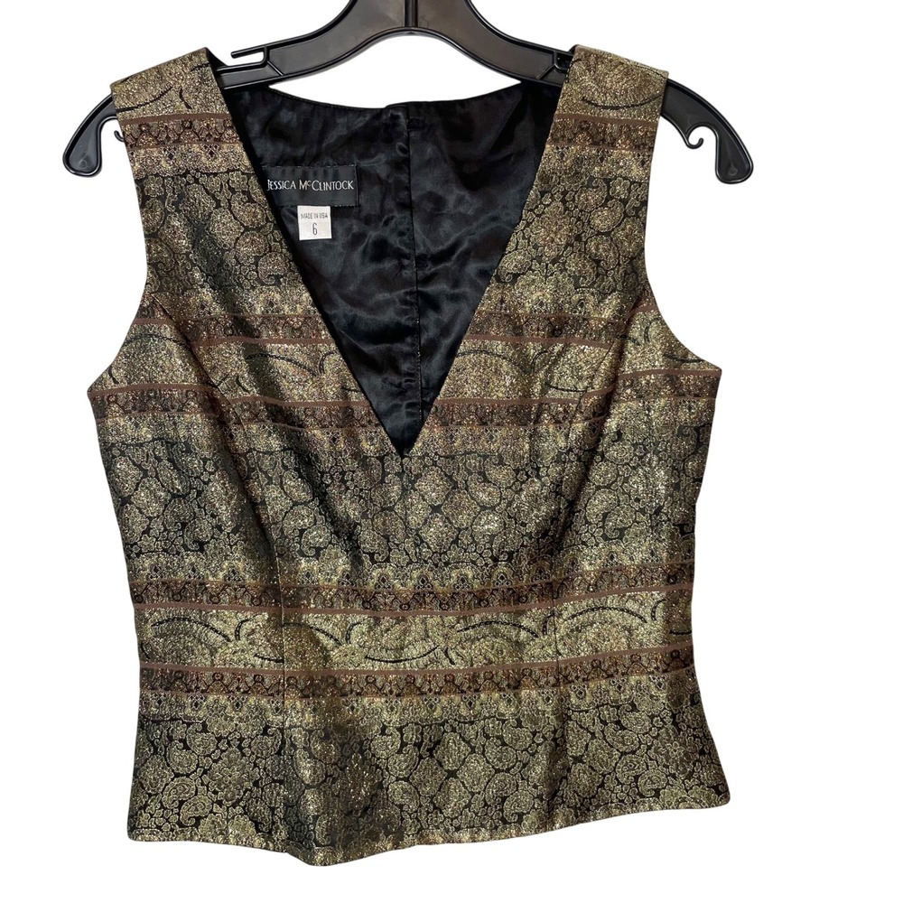 Jessica McClintock Sleeveless Vintage V-Neck Button Top Brown 6 Womens USA 80s